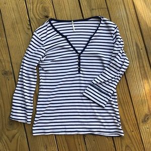Navy and White 3/4 Sleeve Henley Top- v-neck